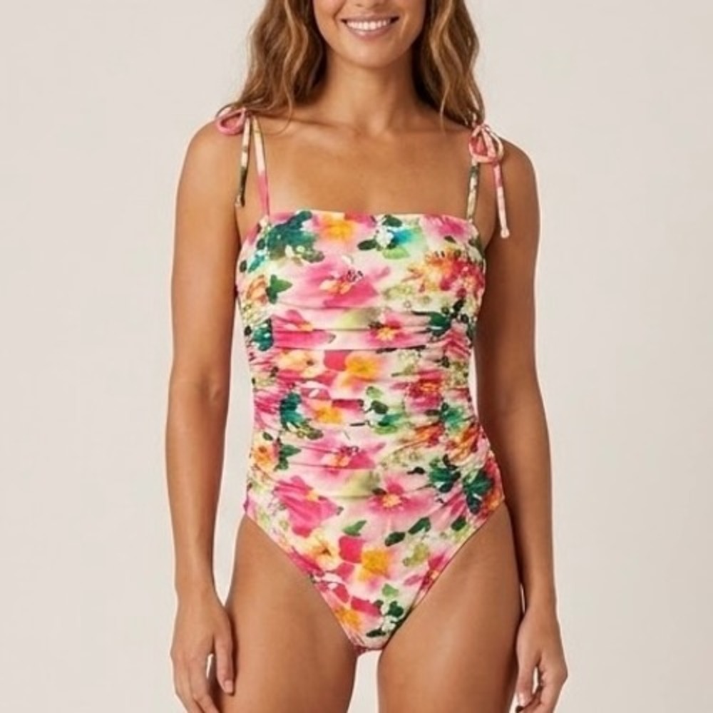 NEW J.Crew One-Piece Ruched Swimsuit Floral Pink Tie Shoulder Size 6